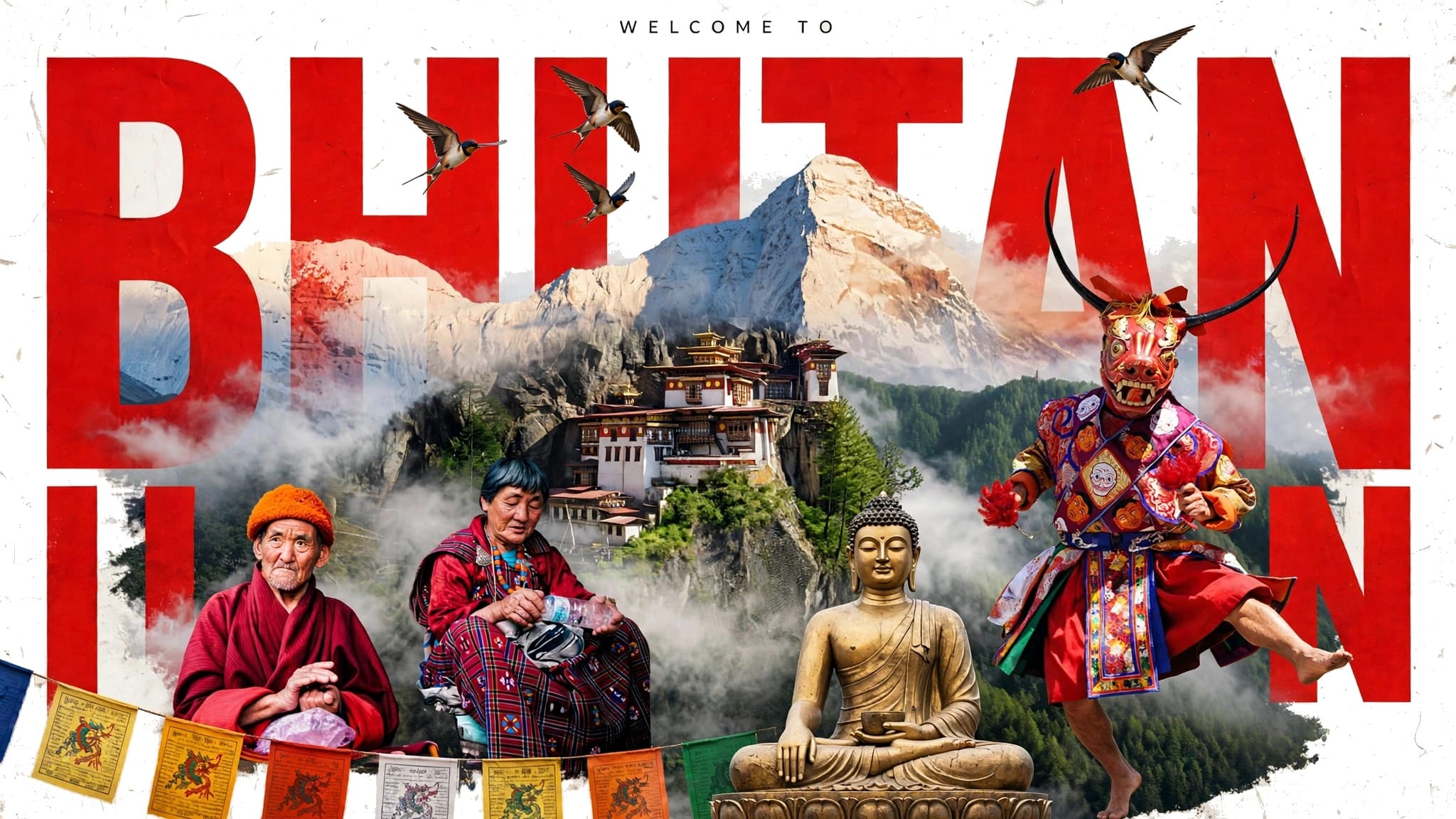 Welcome to Bhutan — Taktsang monastery beneath Himalayan peaks, elders in traditional dress, a golden Buddha and a masked cham dancer