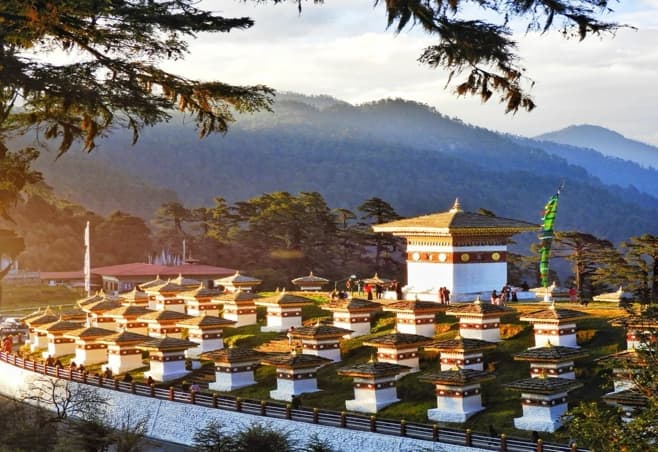 Punakha Dzong framed by Bhutanese valley scenery